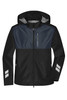 A black and navy Hardshell Workwear Jacket with a hood and reflective accents, featuring a zippered pocket on the chest.