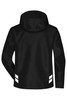 A black hardshell workwear jacket featuring a hood and reflective stripes on the back. It has a logo on the design.