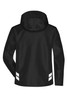 A black hardshell workwear jacket with a hood and reflective stripes on the back. It features a logo.