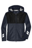 A navy blue workwear jacket with a black panel, featuring reflective stripes and a hood. It includes a zippered pocket.