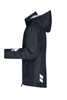 A navy blue hardshell workwear jacket with a hood, featuring a logo on the sleeve and a side zip pocket.
