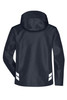 A navy hardshell workwear jacket with a hood and reflective detailing on the sleeves. Features a logo on the back.