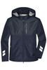 A navy hardshell workwear jacket with a hood, featuring reflective accents and zippered pockets.