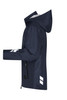 A navy Hardshell Workwear Jacket with a hood and reflective stripes, featuring a zippered front and pockets.