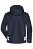 A navy Hardshell Workwear Jacket with reflective stripes and a hood, featuring a logo on the back.