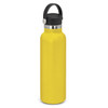 A drink bottle in bright yellow with a black carry lid and a stainless steel trim, featuring a logo.