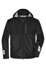 A padded hardshell workwear jacket in black, featuring a hood and reflective detailing. Includes zippered pockets and branding.