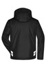 A padded hardshell workwear jacket in black with reflective accents and a hood, featuring a logo on the back.