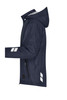 A navy padded hardshell workwear jacket with a hood, featuring reflective elements and a logo.