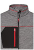 A grey fleece jacket featuring a contrasting black pocket and red zip detailing, with a high collar.