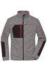 A grey ladies' fleece jacket with black accents and red detailing, featuring a zip front and a logo.