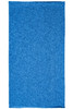 A blue polyester bandanna with a solid pattern and an included logo. Suitable for headwear.