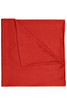 A red bandanna made from polyester, featuring a folded corner and a simple design. It includes a logo.