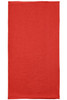A red polyester bandanna, featuring a simple design and a logo on the surface.