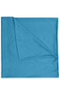 A blue polyester bandanna with a smooth texture, featuring a fold on one corner and a logo.