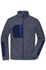 A grey men's fleece jacket featuring a zippered pocket in navy blue and contrasting blue accents. It has a high collar.