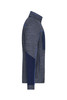 A side view of a men's polar fleece jacket in grey with navy accents and a logo.