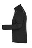 A black soft shell jacket with a zippered front and a sleek design, featuring a logo on the side.