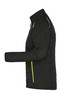 A black ladies hybrid jacket featuring a padded design, with a zippered pocket and lime green accents.