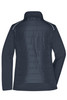 A navy soft shell jacket with a sleek design, featuring a zip-up collar and a logo on the back.