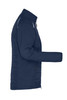 A navy blue soft shell jacket featuring a zip and one extended arm, with a logo on it.