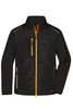 A black soft shell jacket with orange zippers and accents, featuring a front pocket and a high collar.