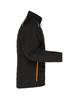 A black hybrid jacket with an orange zipper and logo, featuring a padded design and a standing collar.