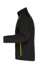 A black men's hybrid jacket featuring a quilted design, with a zip pocket and contrasting green accents.