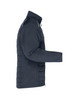 A navy soft shell jacket with a quilted design and a zip closure. It features a logo on the front.