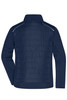 A navy men's hybrid jacket with a quilted back and a collar, featuring a logo.