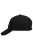 A black 5 panel sandwich cap with a red trim and a logo on the side.