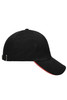 A black 5 Panel Sandwich Cap with a red accent on the brim and an adjustable strap at the back, featuring a logo.