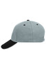 A grey and black 5 Panel Sandwich Cap with a curved brim and a logo on the side.