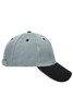 A grey 5 panel sandwich cap with a black peak and an adjustable strap at the back. It features a logo.