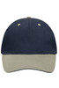 A navy blue and khaki 5 Panel Sandwich Cap featuring a logo on the front.