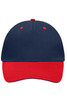 A navy blue and red 5 Panel Sandwich Cap featuring a structured design and a logo on the front.
