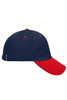 A navy and red 5 panel sandwich cap with an adjustable strap and a logo on the front.