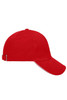 A red 5 panel sandwich cap with a curved brim and an adjustable strap at the back, featuring a logo.