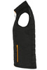 A black vest with orange accents, featuring a sleeveless design and a zippered pocket on the side.