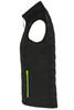 A black ladies hybrid vest with a zippered pocket, featuring a bright yellow zip and a sleeveless design.