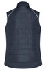 A navy blue ladies hybrid vest with a quilted design and a collar, featuring a logo at the back.