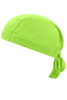 A bright lime green functional bandana hat with a tied back design and soft fabric. Features a logo on the side.