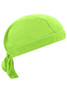 A bright green bandana hat with a tied strap at the back, featuring a textured design and a logo.