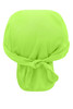 A vibrant green bandana hat with a tied back design and a logo. Ideal for outdoor wear.