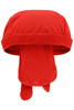 A red Functional Bandana Hat featuring a breathable design and ties at the back. It includes a logo.