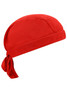A red Functional Bandana Hat with a tied tail and a smooth finish, featuring a logo. Ideal for headwear use.