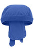 A blue bandana hat with a textured design and extended ties at the back, featuring a logo.