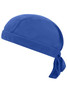 A blue bandana hat featuring a tied back design and an included logo. Ideal for headwear purposes.