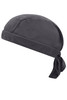 A grey bandana hat with a tied back design, featuring a logo on the side.