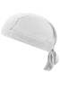 A white Functional Bandana Hat with a tied back design and textured fabric, featuring a logo.